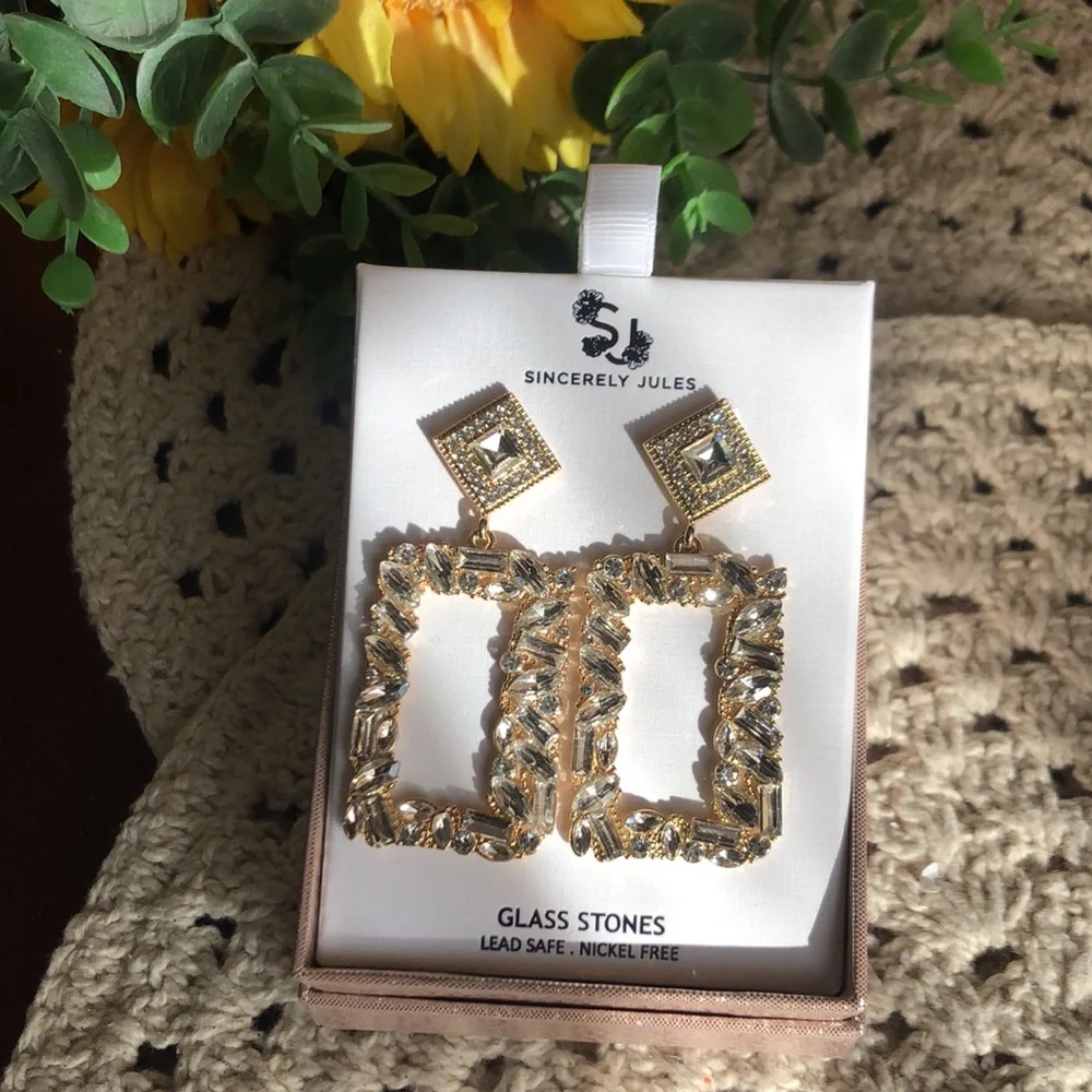 Elegant Gold Statement Earrings with Clear Glass Stones